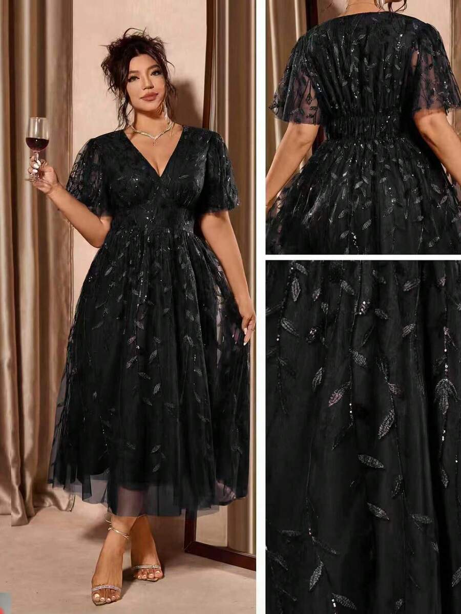 Plus Size V-Neck Mesh Midi Dress with Ruffle Hem – image 9