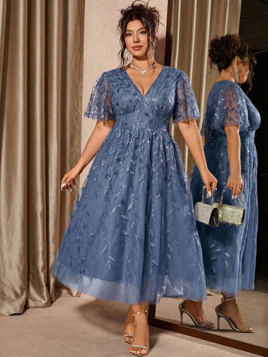 Plus Size V-Neck Mesh Midi Dress with Ruffle Hem – image 45
