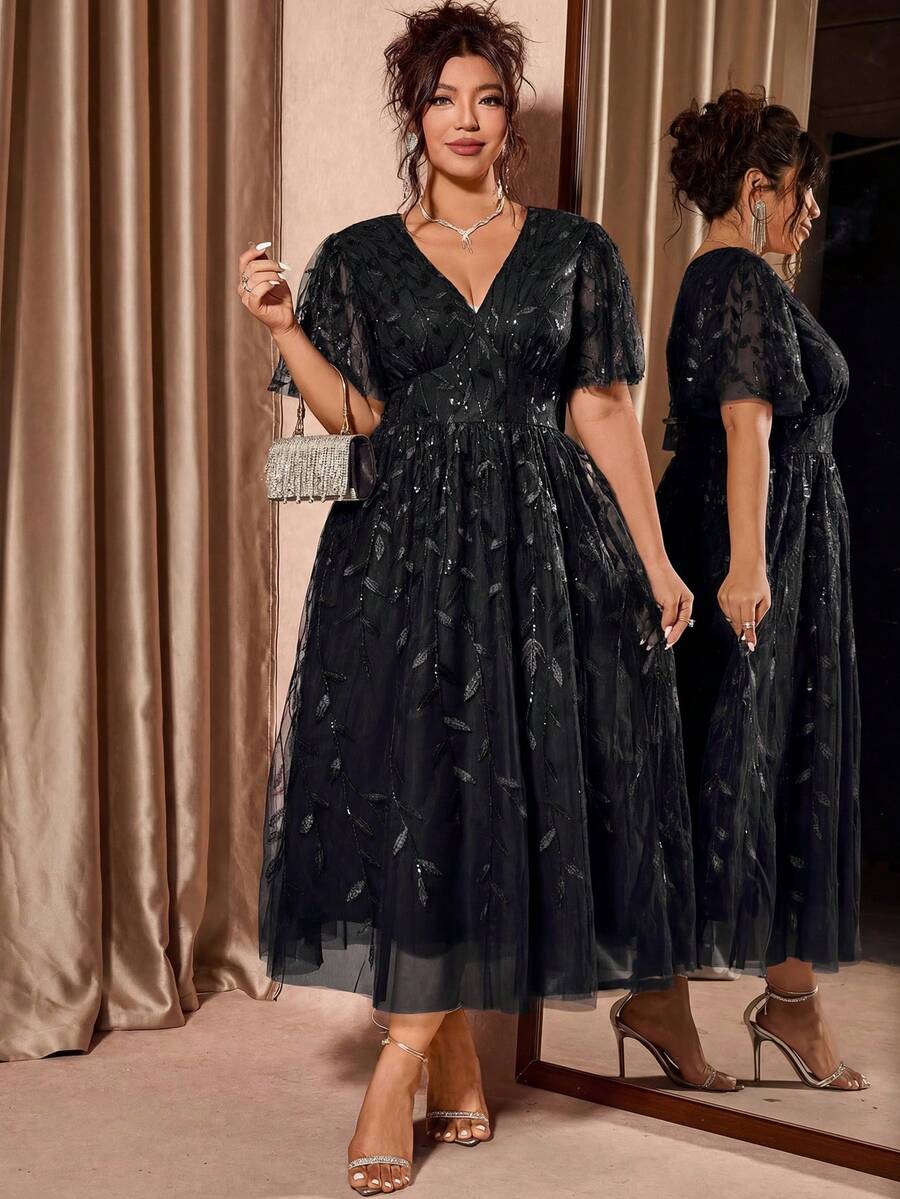 Plus Size V-Neck Mesh Midi Dress with Ruffle Hem – image 15