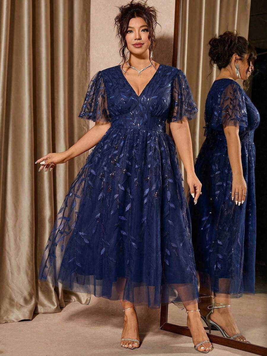 Plus Size V-Neck Mesh Midi Dress with Ruffle Hem – image 8