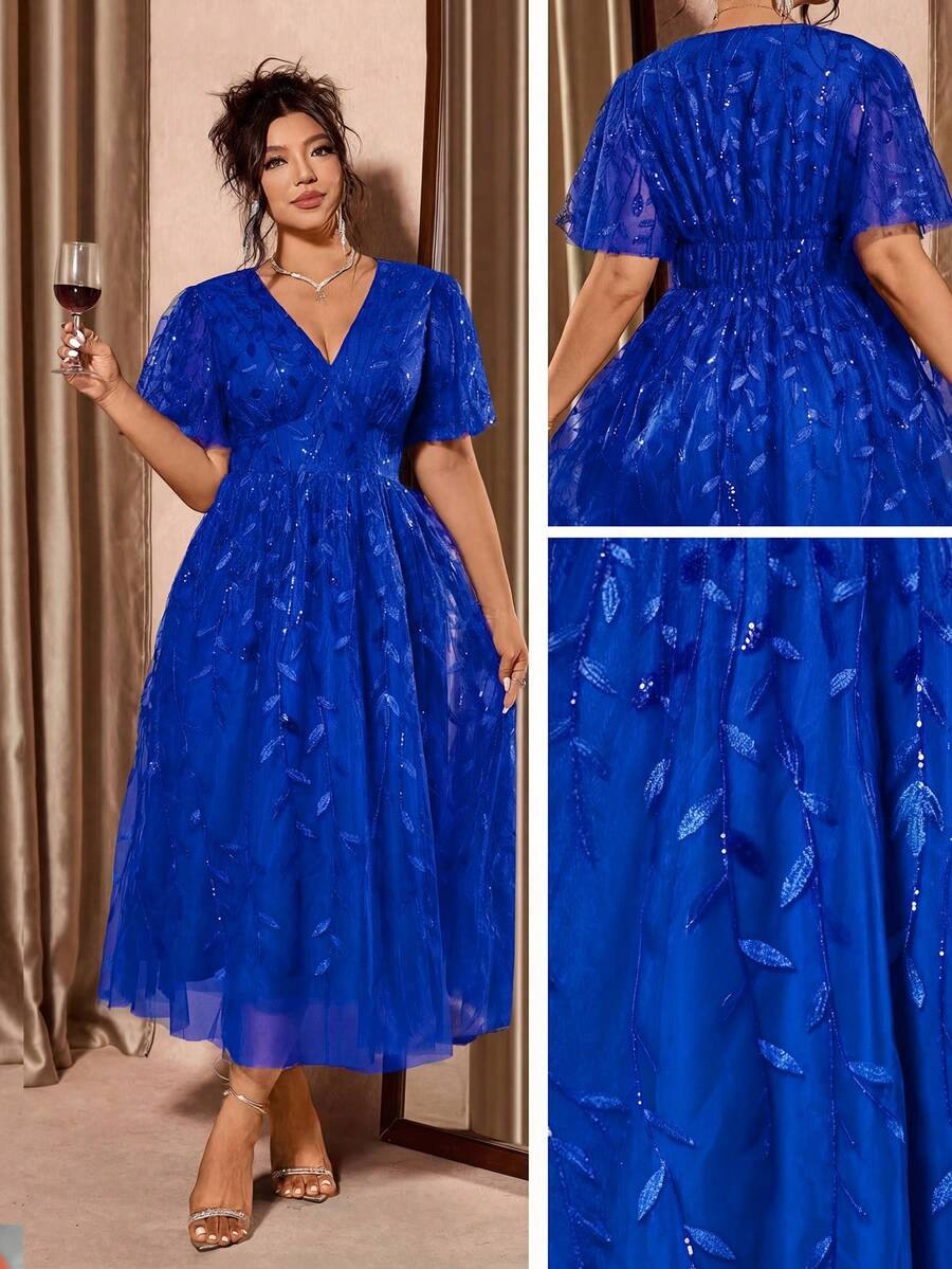 Plus Size V-Neck Mesh Midi Dress with Ruffle Hem – image 17