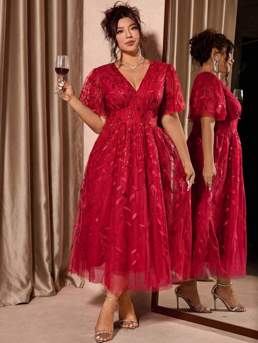 Plus Size V-Neck Mesh Midi Dress with Ruffle Hem – image 35