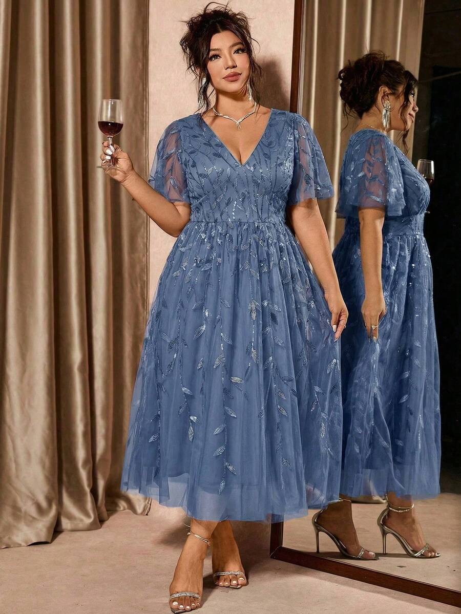 Plus Size V-Neck Mesh Midi Dress with Ruffle Hem – image 47