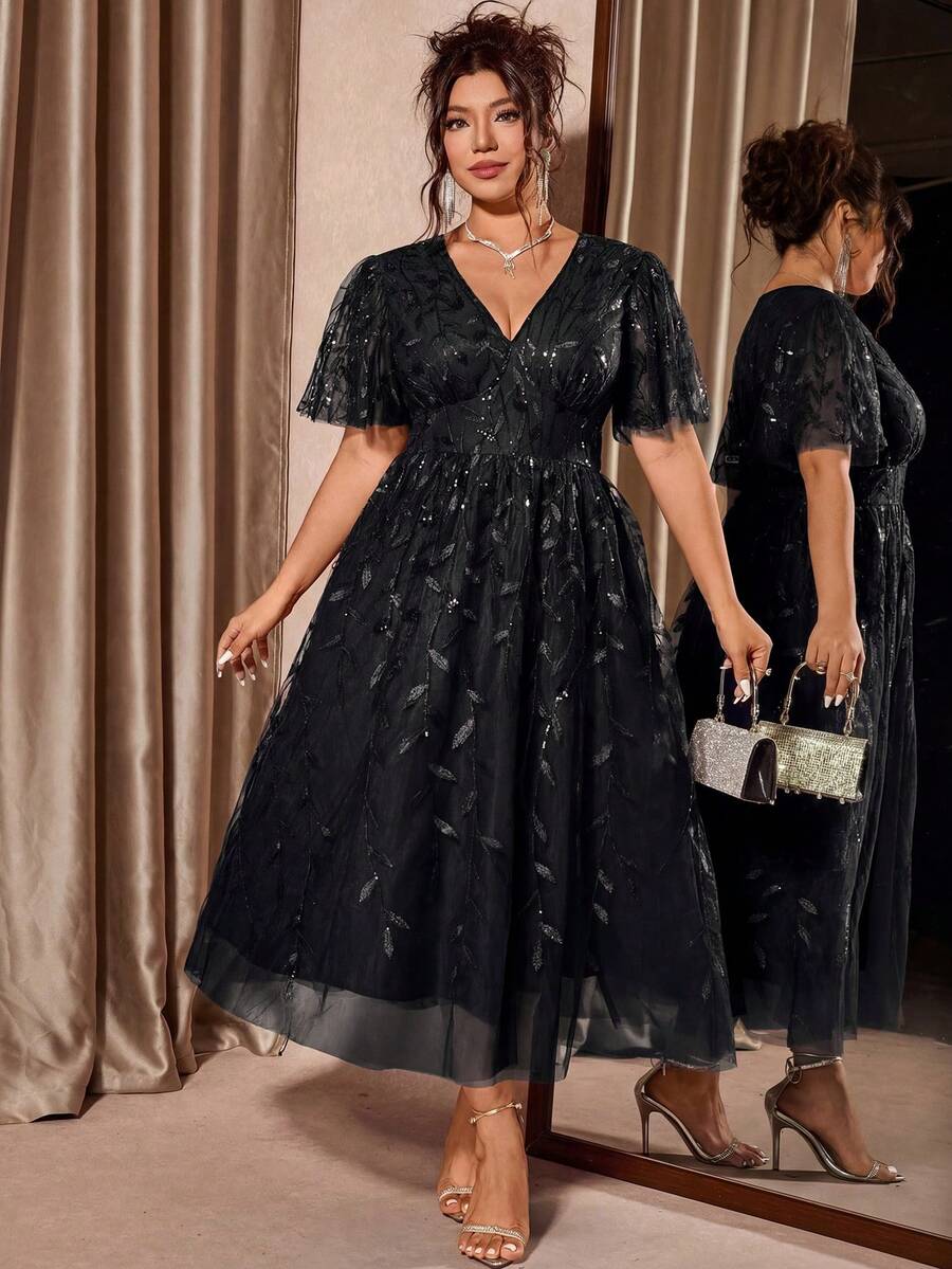 Plus Size V-Neck Mesh Midi Dress with Ruffle Hem – image 11
