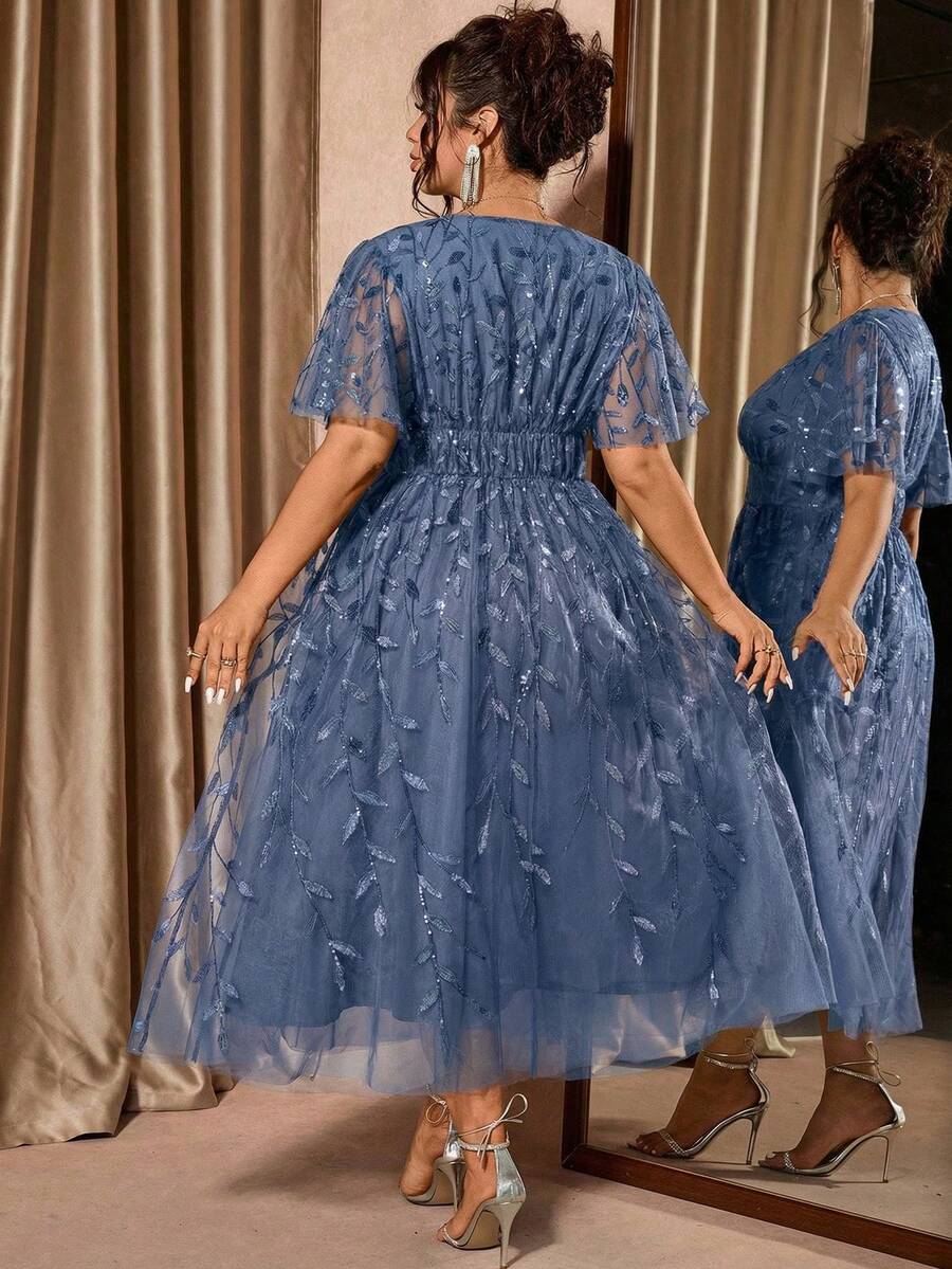 Plus Size V-Neck Mesh Midi Dress with Ruffle Hem – image 42