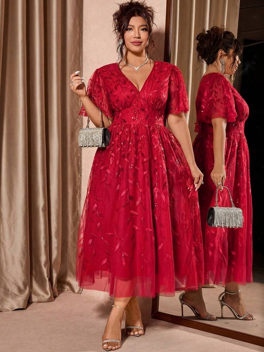 Plus Size V-Neck Mesh Midi Dress with Ruffle Hem – image 36