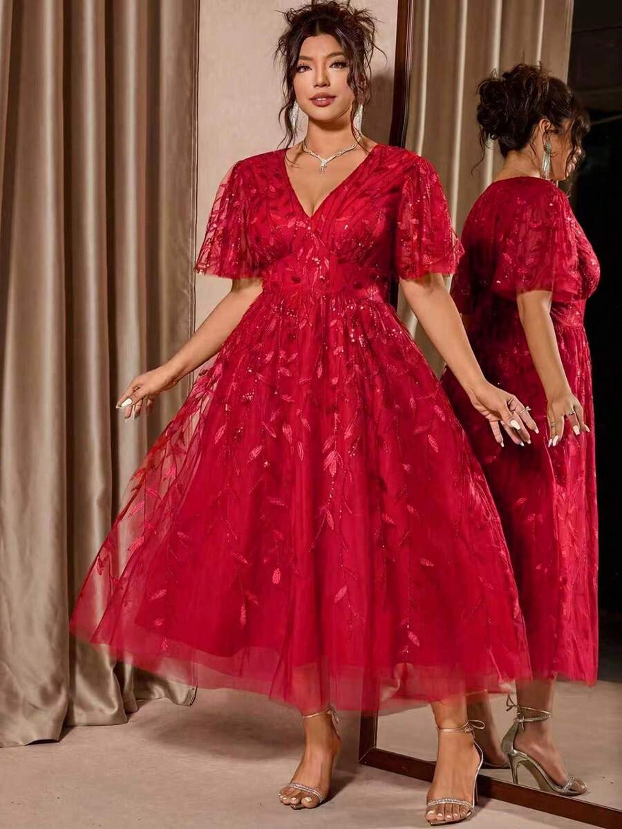 Plus Size V-Neck Mesh Midi Dress with Ruffle Hem – image 40