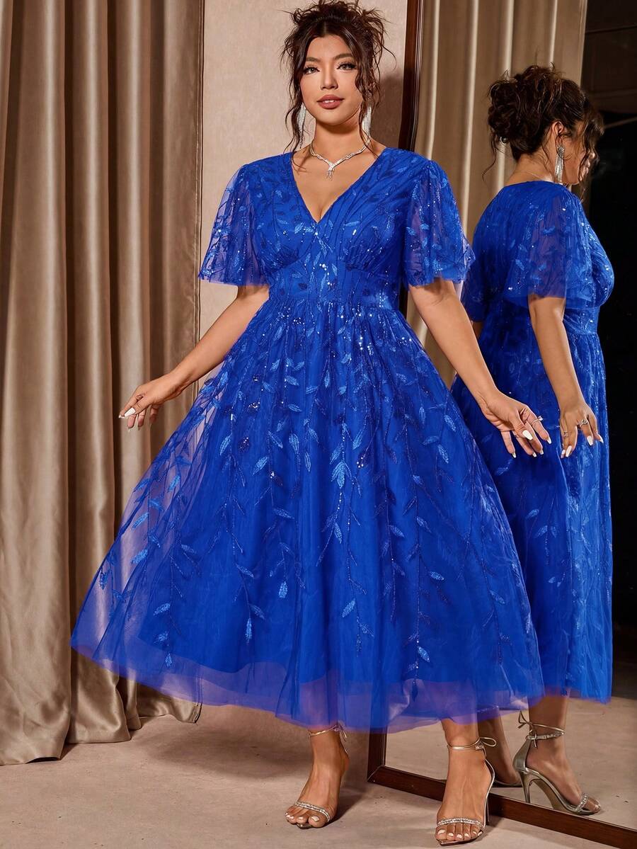 Plus Size V-Neck Mesh Midi Dress with Ruffle Hem – image 24