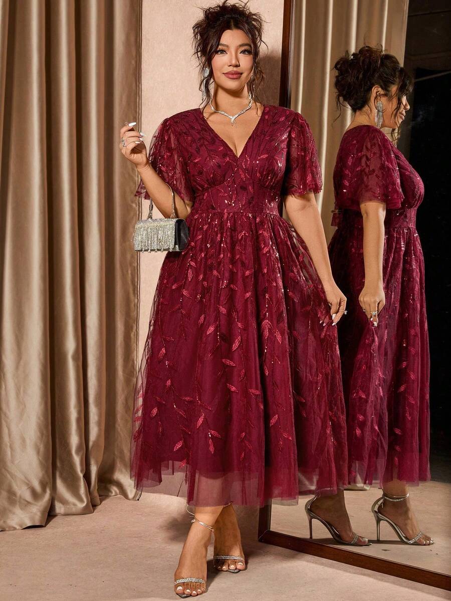 Plus Size V-Neck Mesh Midi Dress with Ruffle Hem – image 29