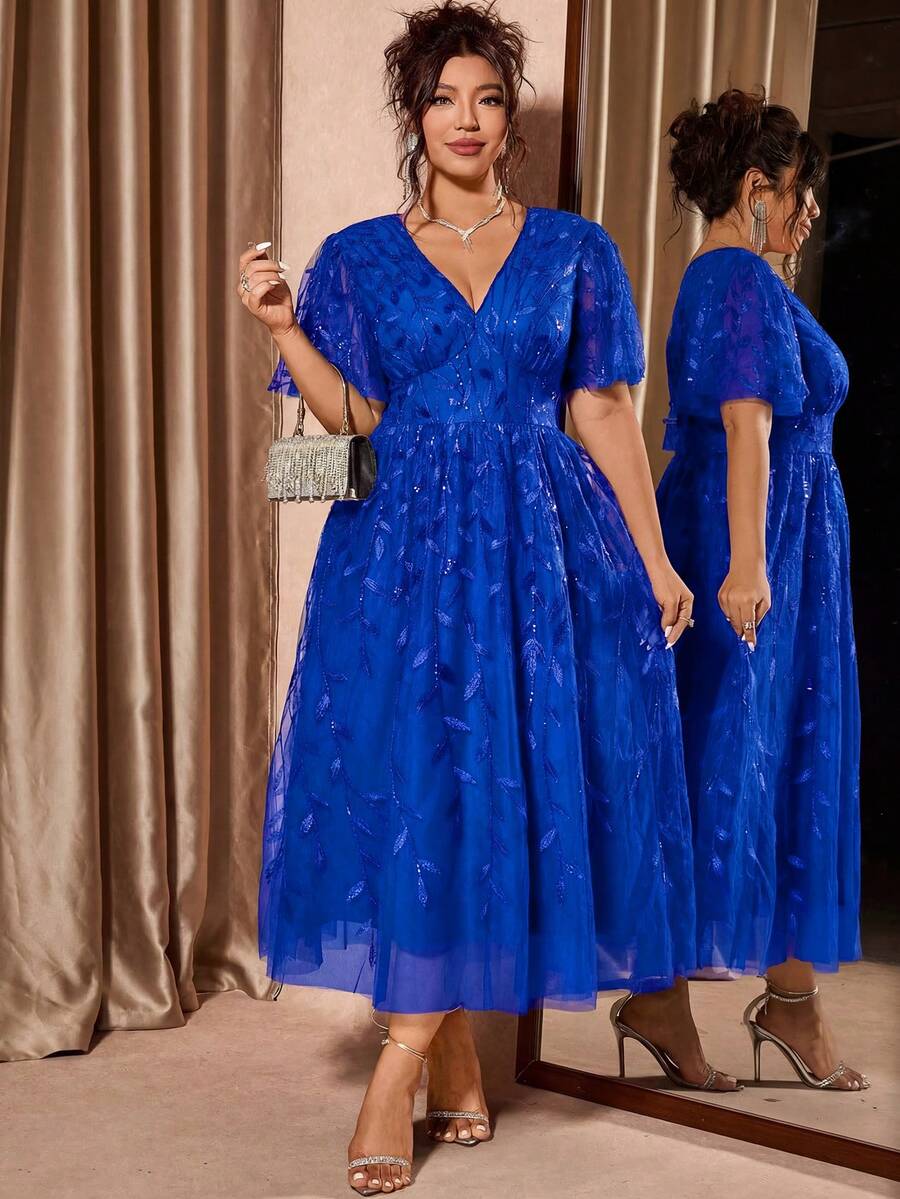 Plus Size V-Neck Mesh Midi Dress with Ruffle Hem – image 20