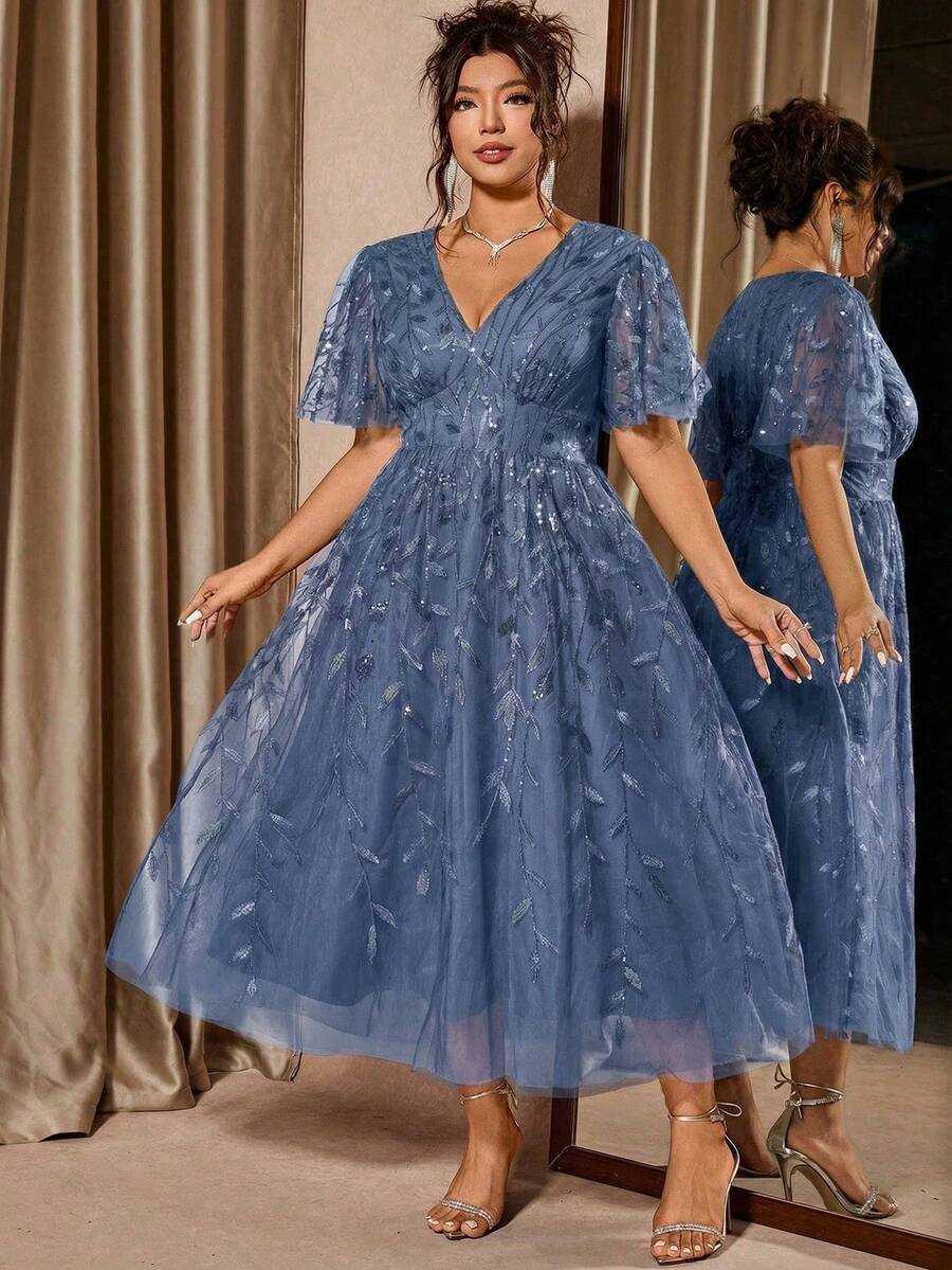 Plus Size V-Neck Mesh Midi Dress with Ruffle Hem – image 49