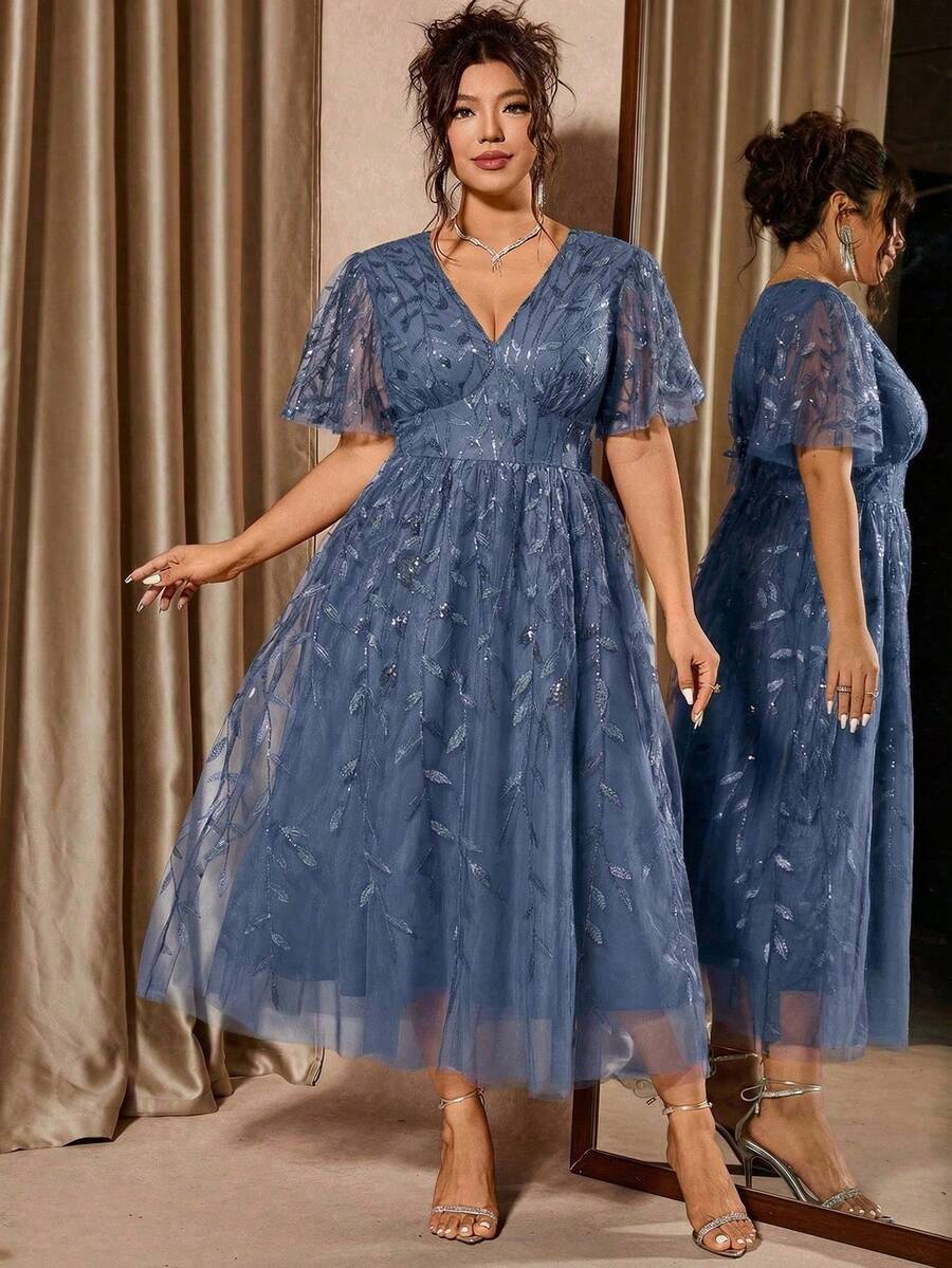 Plus Size V-Neck Mesh Midi Dress with Ruffle Hem – image 46